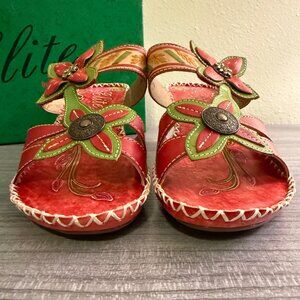 Elite By Corkys Womens Red Floral Leather Wedge Sandals Size 9 NIB
